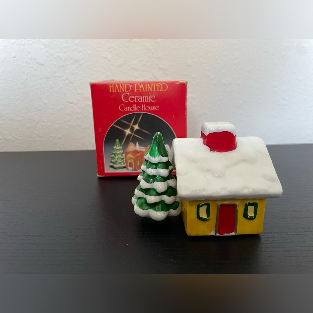 Vintage Hand Painted Ceramic Candle Holder House Christmas Decor.